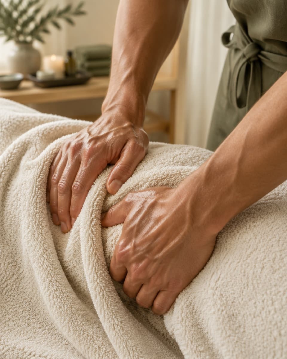 Mãos fazendo massagem modeladora sobre a toalha